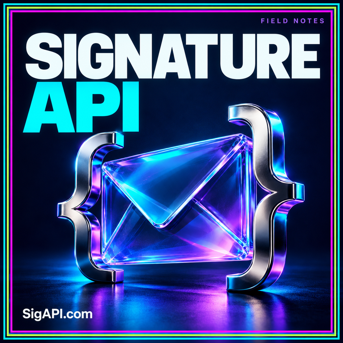 Signatures by design: neon typography and an envelope with code braces, with SigAPI.com branding.